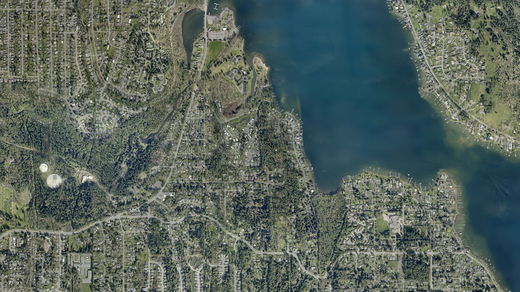 City aerial photo, 2022, of the northwest end of Lake Whatcom, Whatcom Falls Park and the treatment plant