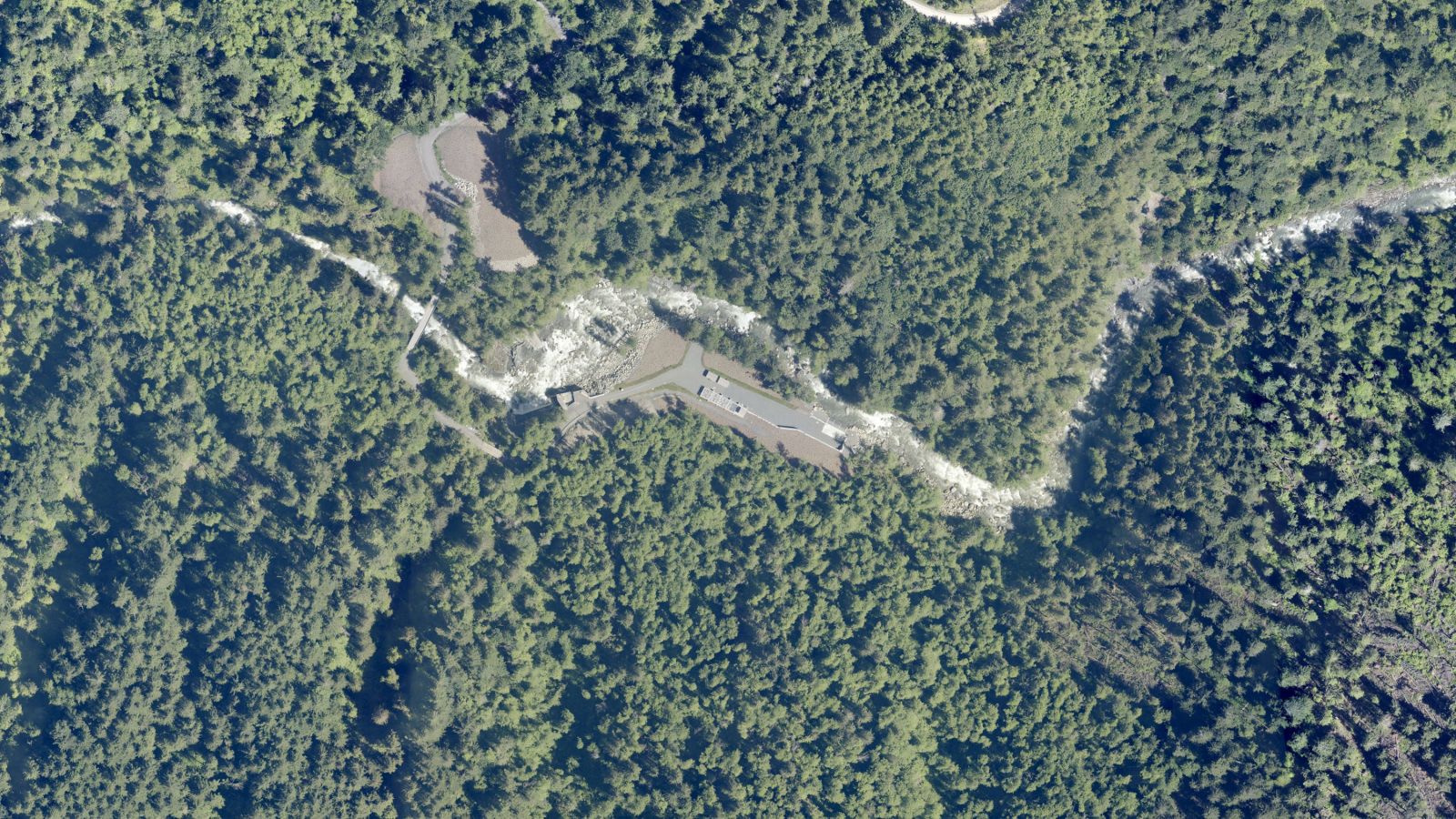 County aerial photo, 2022: the dam removed and the new intake
